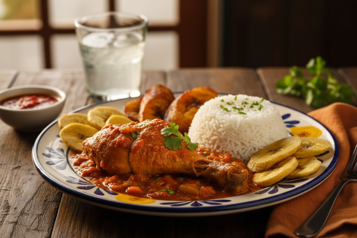 Un plato de pollo guisado con arroz blanco y plátanos fritos servido sobre una mesa de madera.